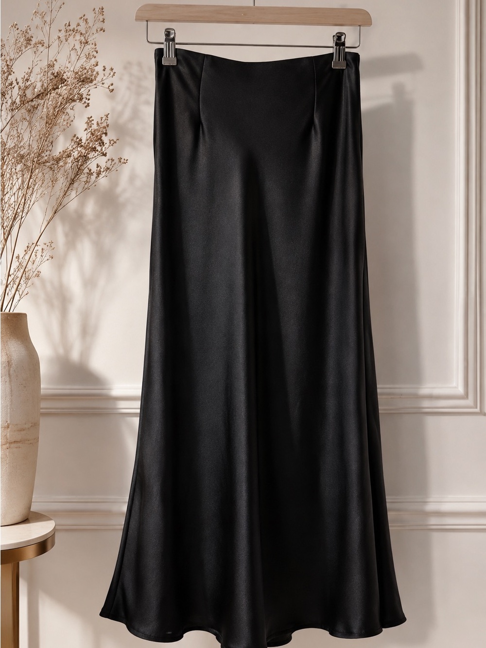 COMMENSE Black Satin Maxi Skirt Size M Minimalist Elegant